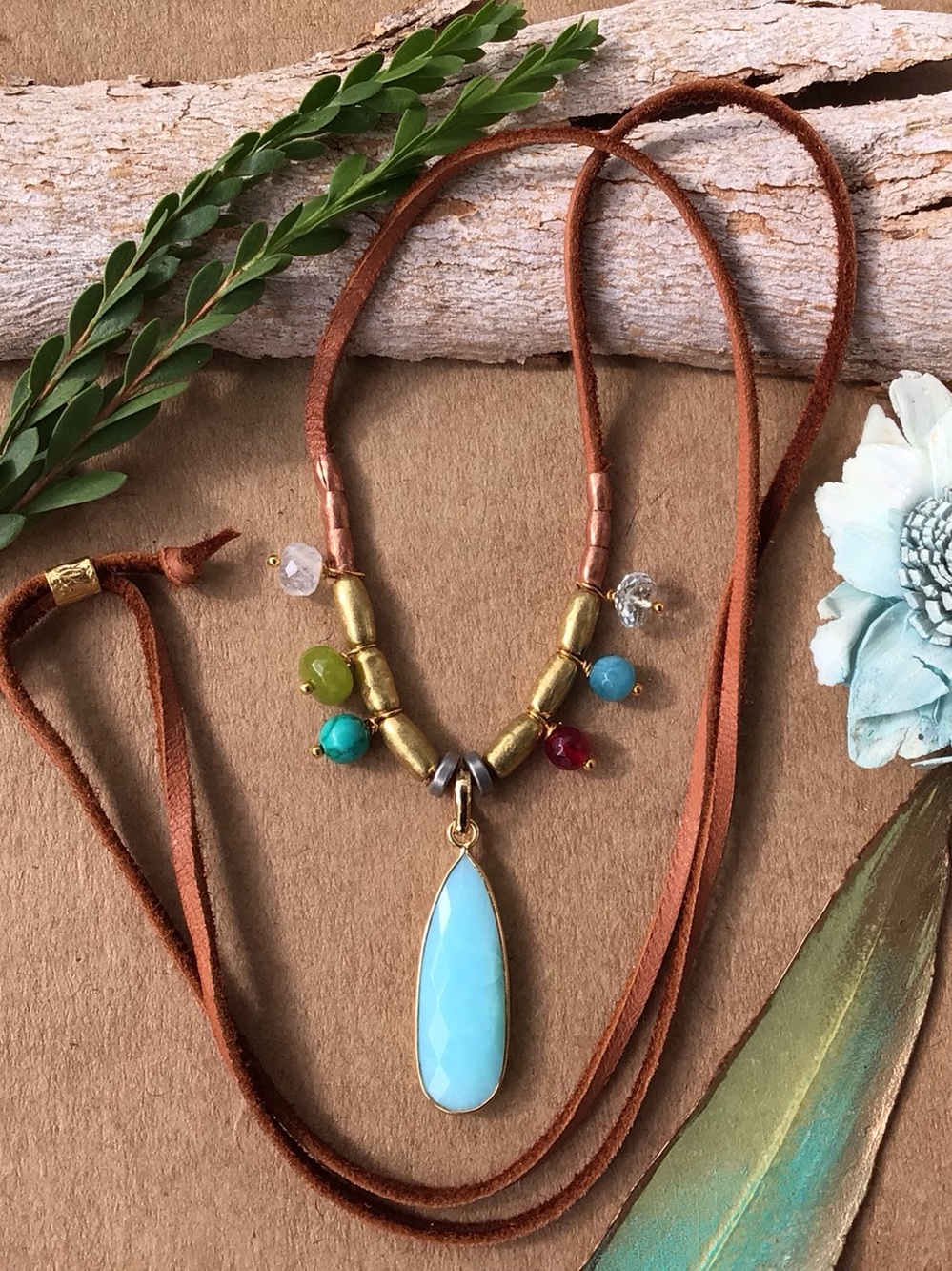 Gold Vermeil Peruvian Blue Opal Natural Gemstones Sundance Charm Necklace